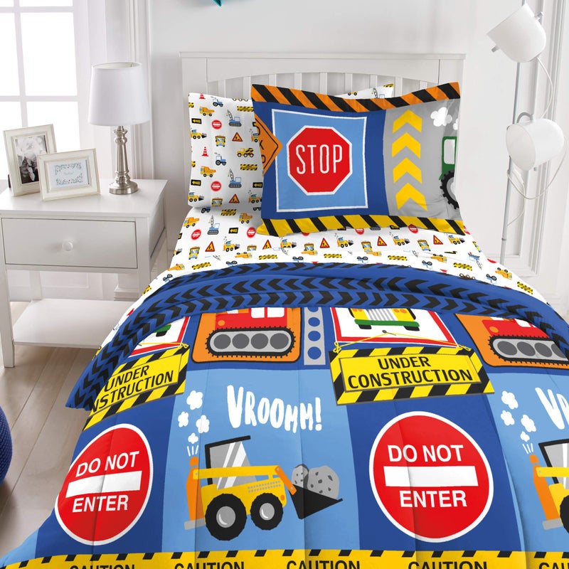 dream FACTORY Kids 5-Piece Complete Set Easy-Wash Super Soft Microfiber Comforter Bedding, Twin, Navy Blue Under Construction - Image 2